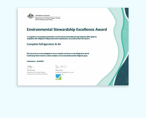 Certificate for the Environmental Stewardship Excellence Award, awarded to Complete Refrigeration and Air