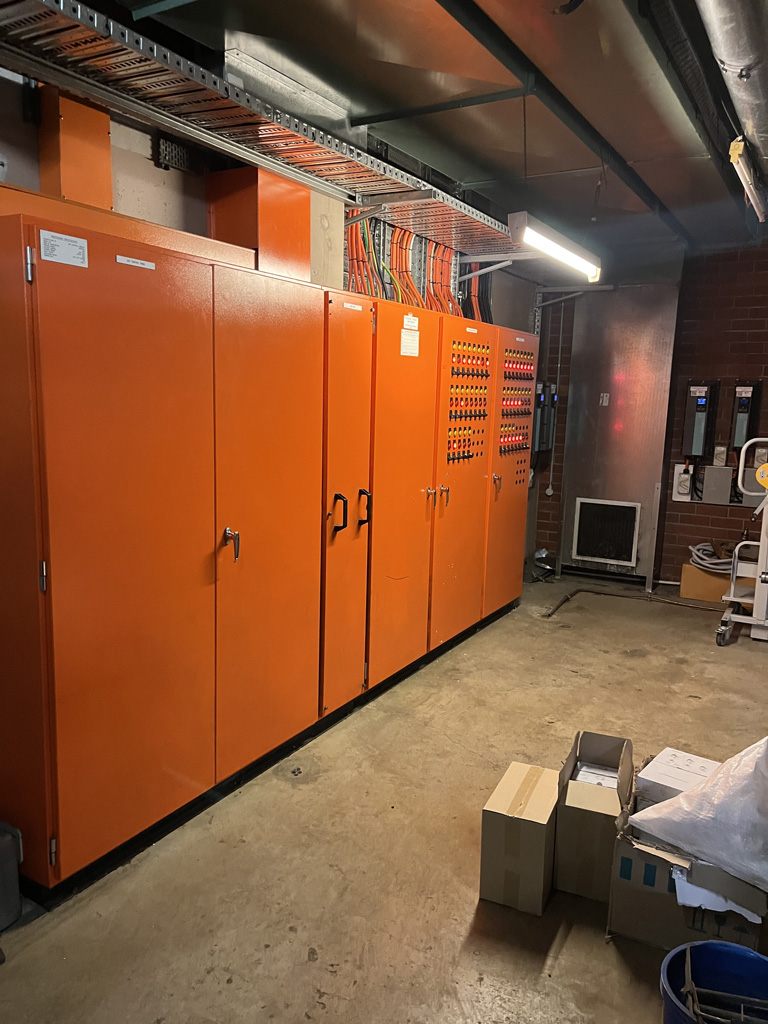 A row of orange lockers